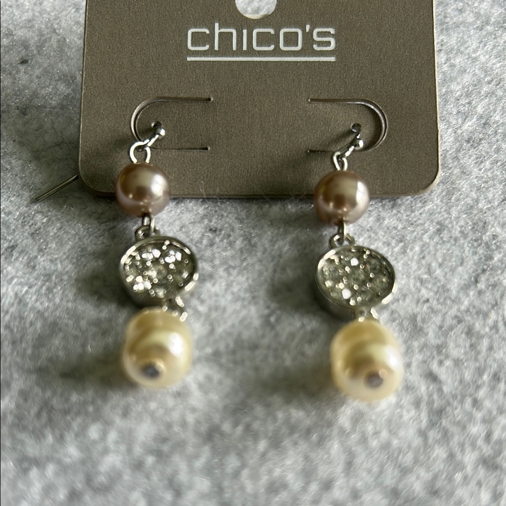 Chico's Silver Tone Beaded Crystal Pearl Hook Earrings - Picture 6 of 10